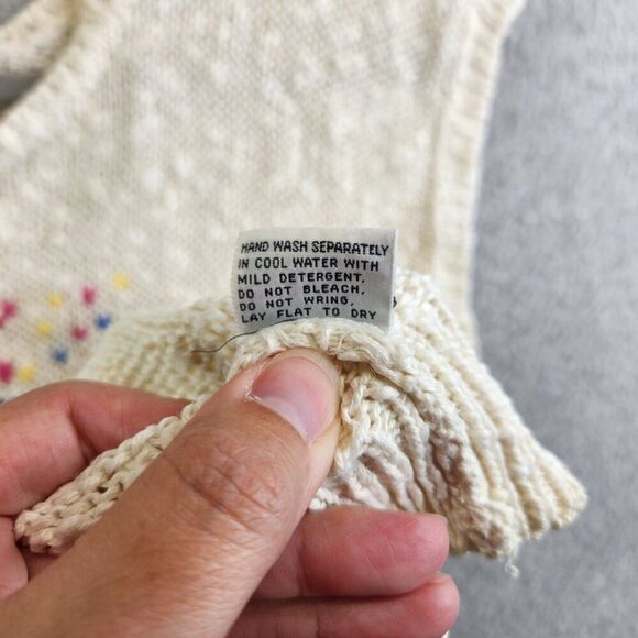 Vintage Sweater Womens L Cream Floral Crochet Open Knit 80s Skating Rink Prop - Picture 10 of 14